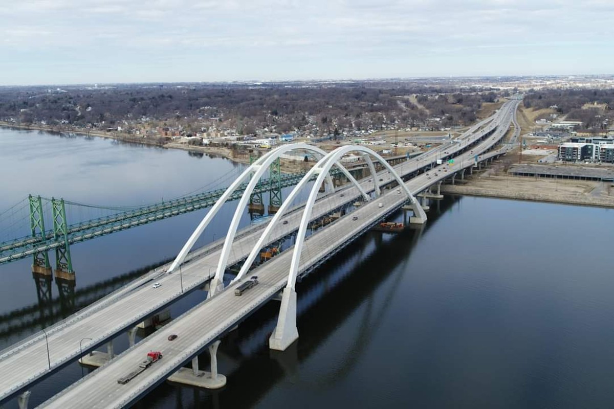 Bird's eye view of the Interstate 74 bridge over the Mississippi River. 