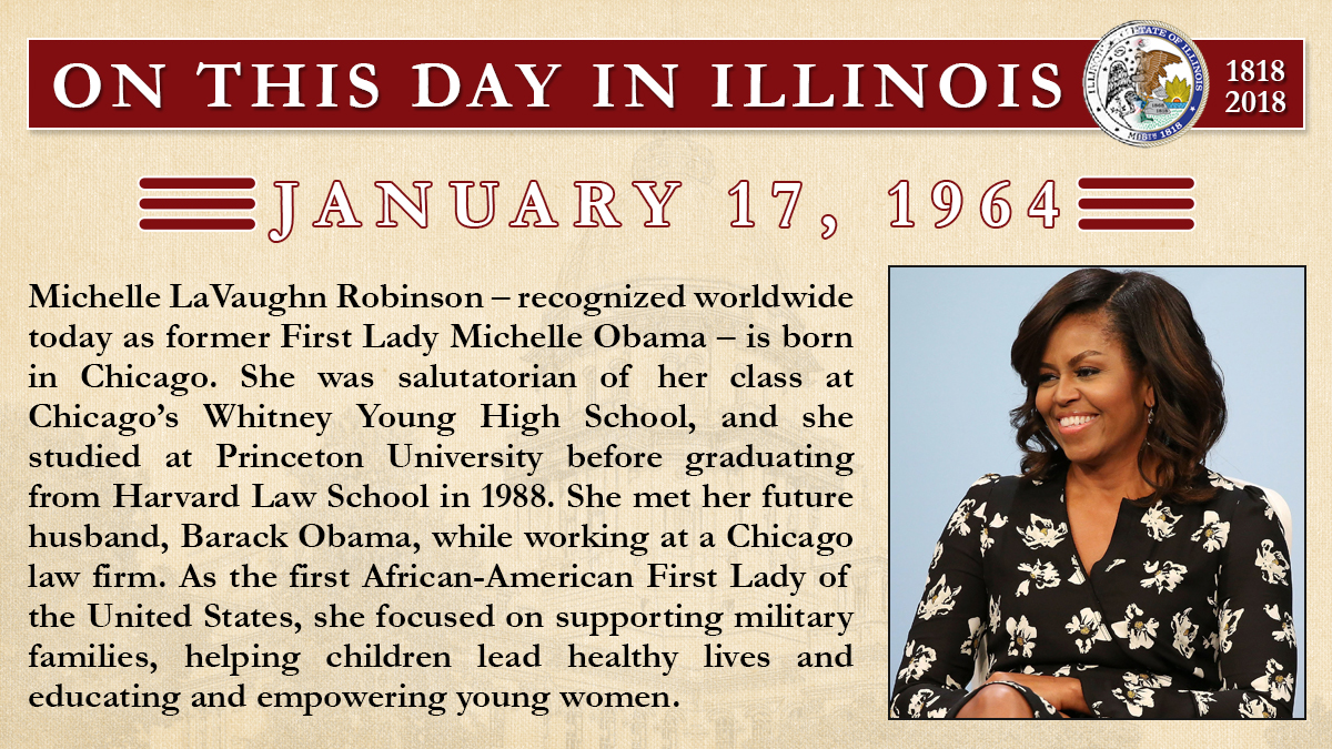 Jan. 17, 1964 - Michelle LaVaughn Robinson – recognized worldwide today as former First Lady Michelle Obama – is born in Chicago. 