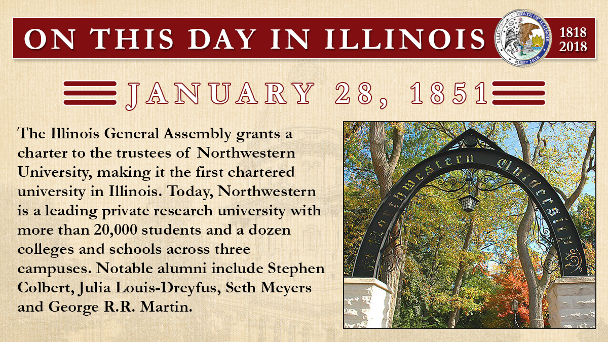 Jan. 28, 1851: The Illinois General Assembly grants a charter to the trustees of Northwestern University