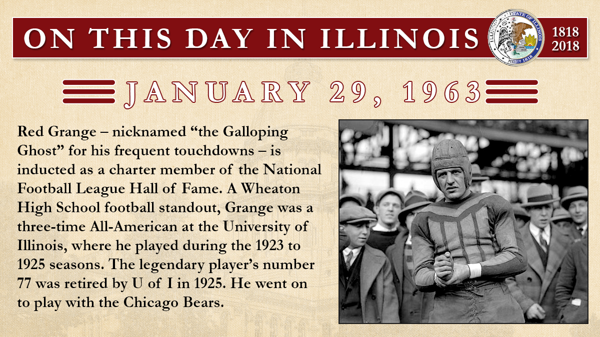 Jan. 29, 1963: Red Grange – nicknamed “the Galloping Ghost” for his frequent touchdowns – is inducted as a charter member of the National Football League Hall of Fame