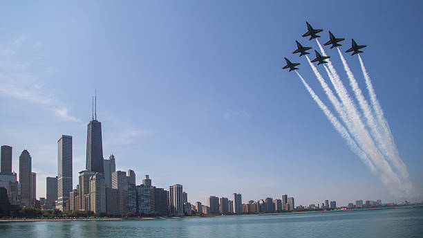 Chicago, IL, USA - August 15, 2014: Chicago Lakefront during Air &amp; Water Show 2014. U.S. Navy Blue Angels Jets completing flight over Chicago.